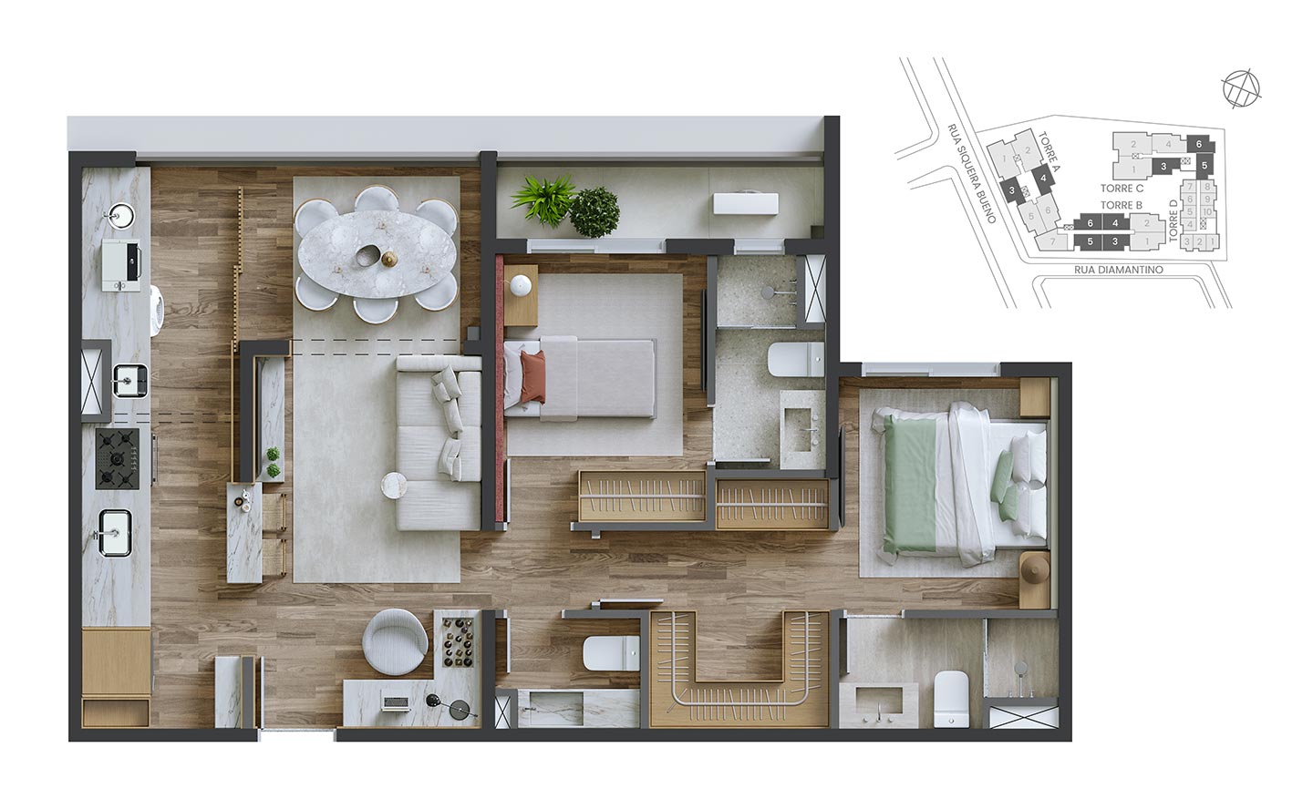 Planta 2 suítes · 69 m²