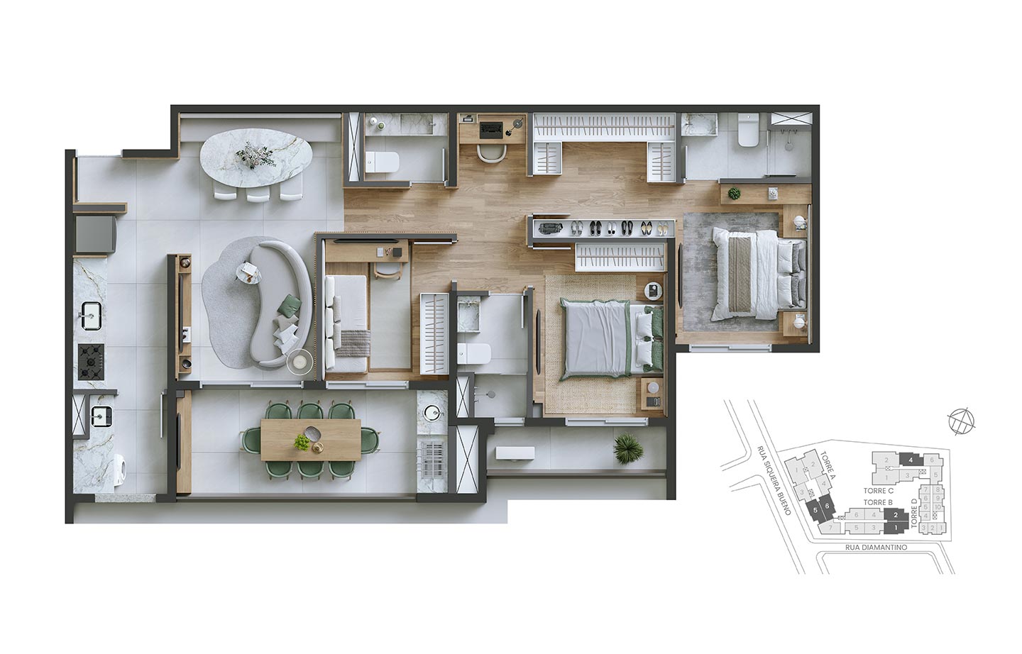 Planta 3 dorms · 1 suíte · 95 m²