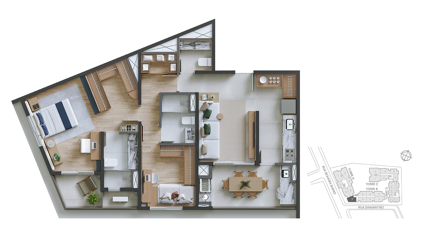 Planta 2 suítes · 88 m²