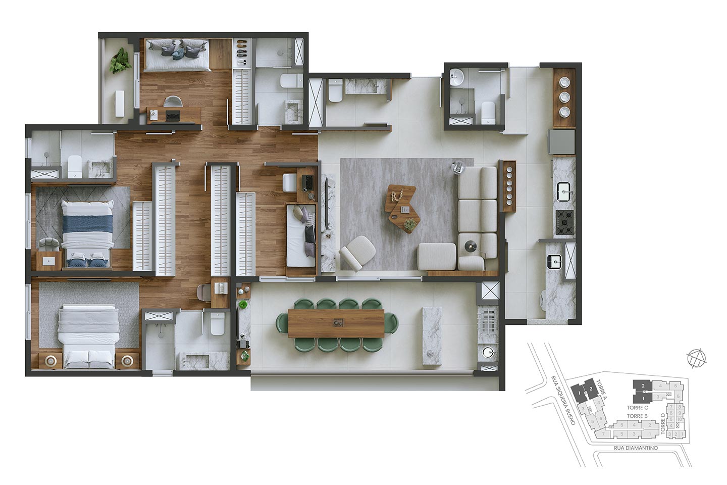 Planta 4 dorms · 2 suítes · 132 m²