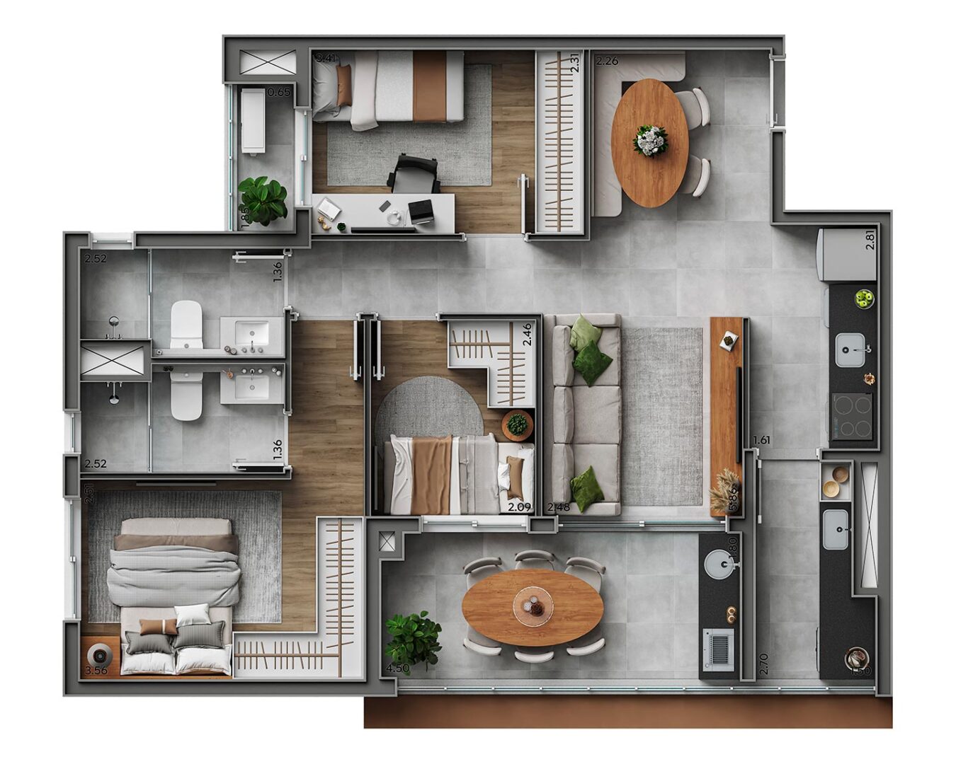 Planta 3 dorms · 1 suíte · 76 m²