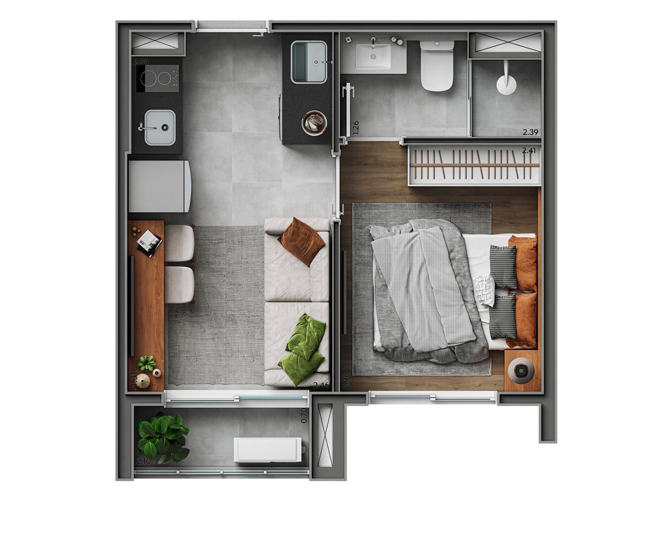 Planta 1 suíte · 26 m² (HMP)