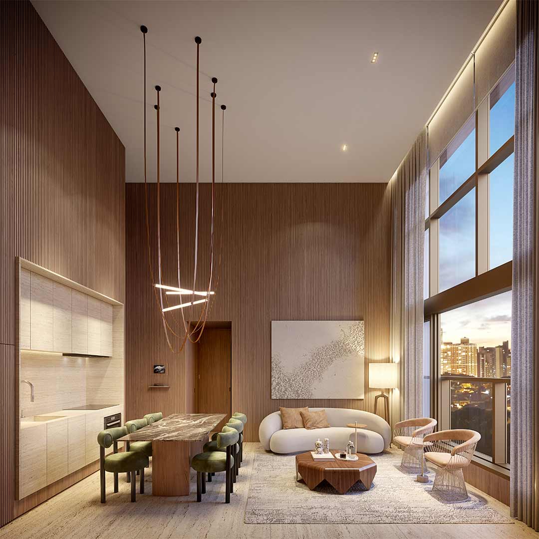 Living do Apto. de 80 e 82m² com Pé direito duplo do Art'Stone