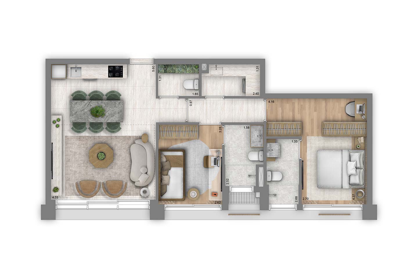 Planta 2 suítes · 80/82 m²