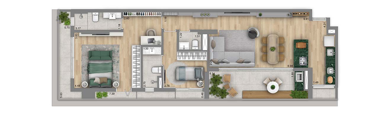 Planta 2 suítes · 111,19 m²