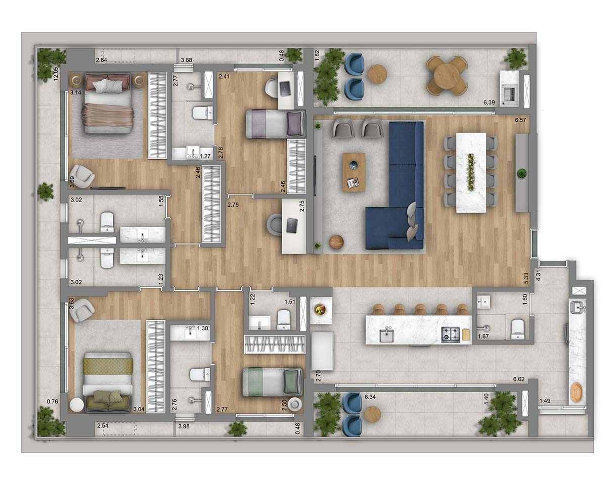 Planta 4 suítes · 198,16 m²