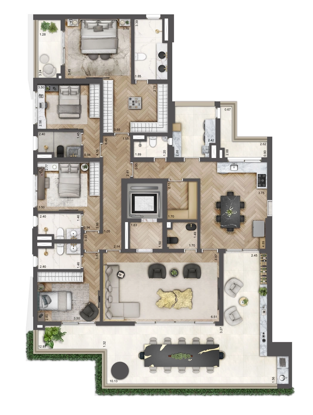 Planta 4 suítes · 246 m²