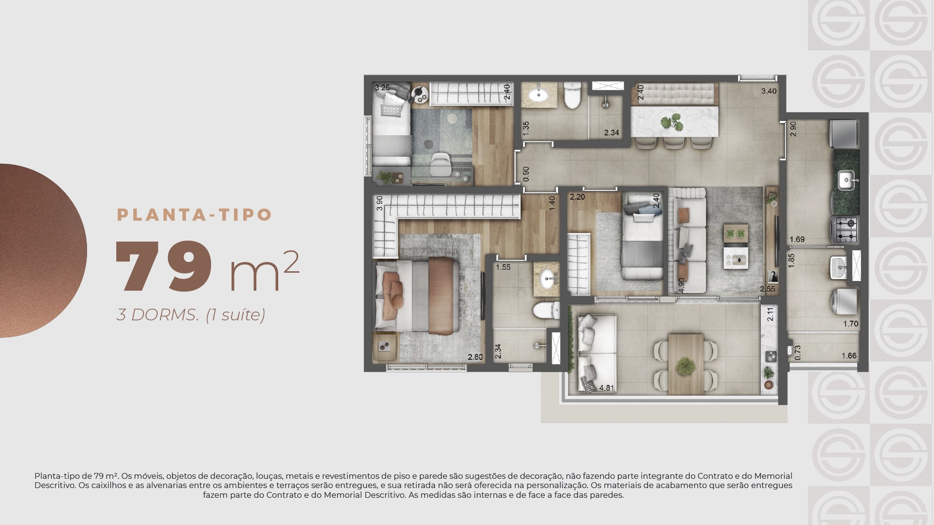 Planta 3 dorms · 1 suíte · 79 m²