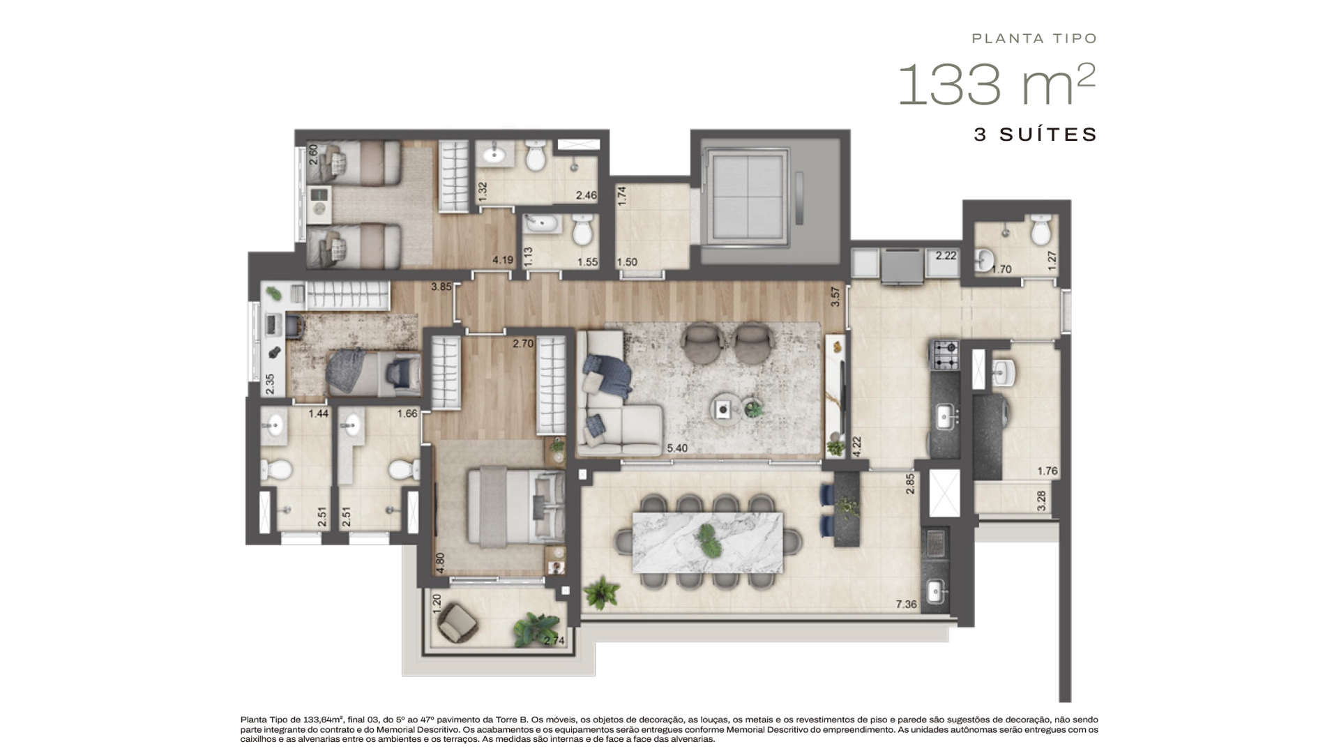 Planta 3 suítes · 133 m²