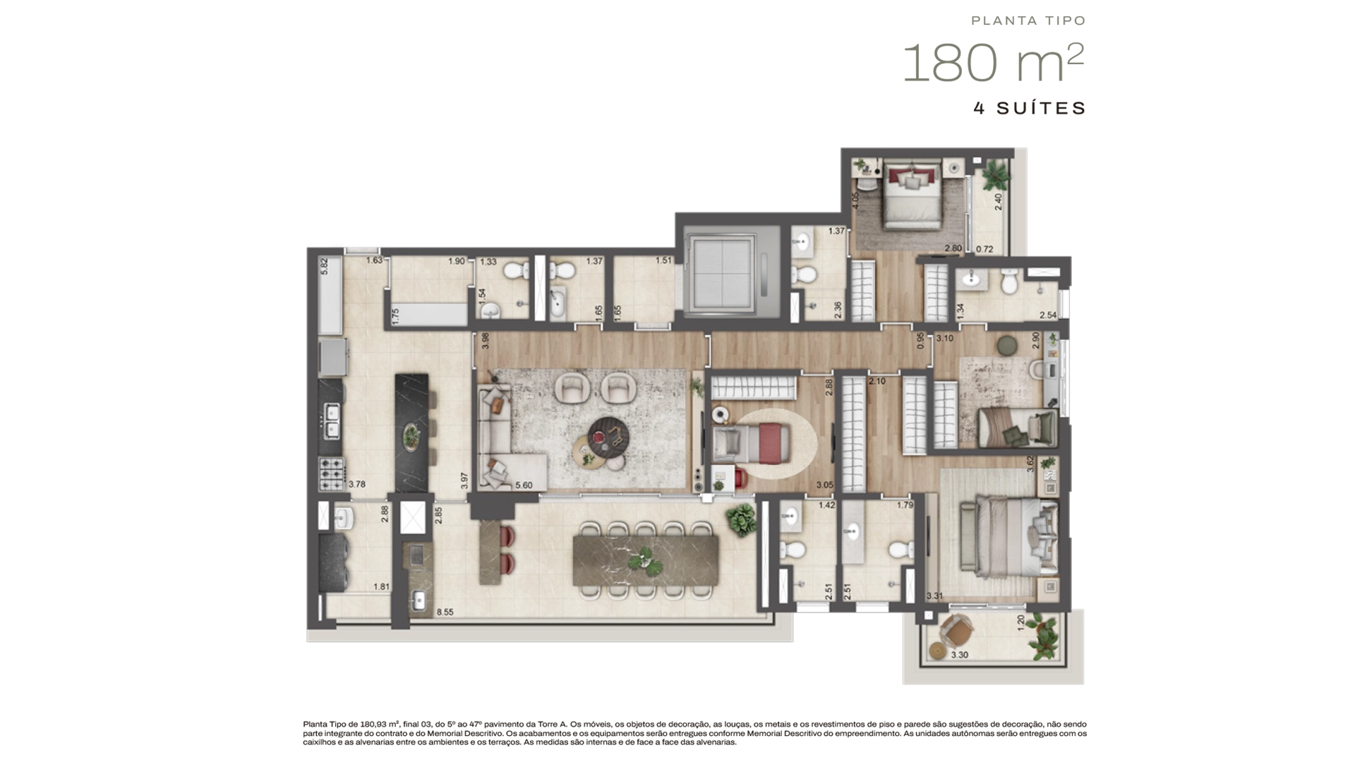Planta 4 suítes · 180 m²
