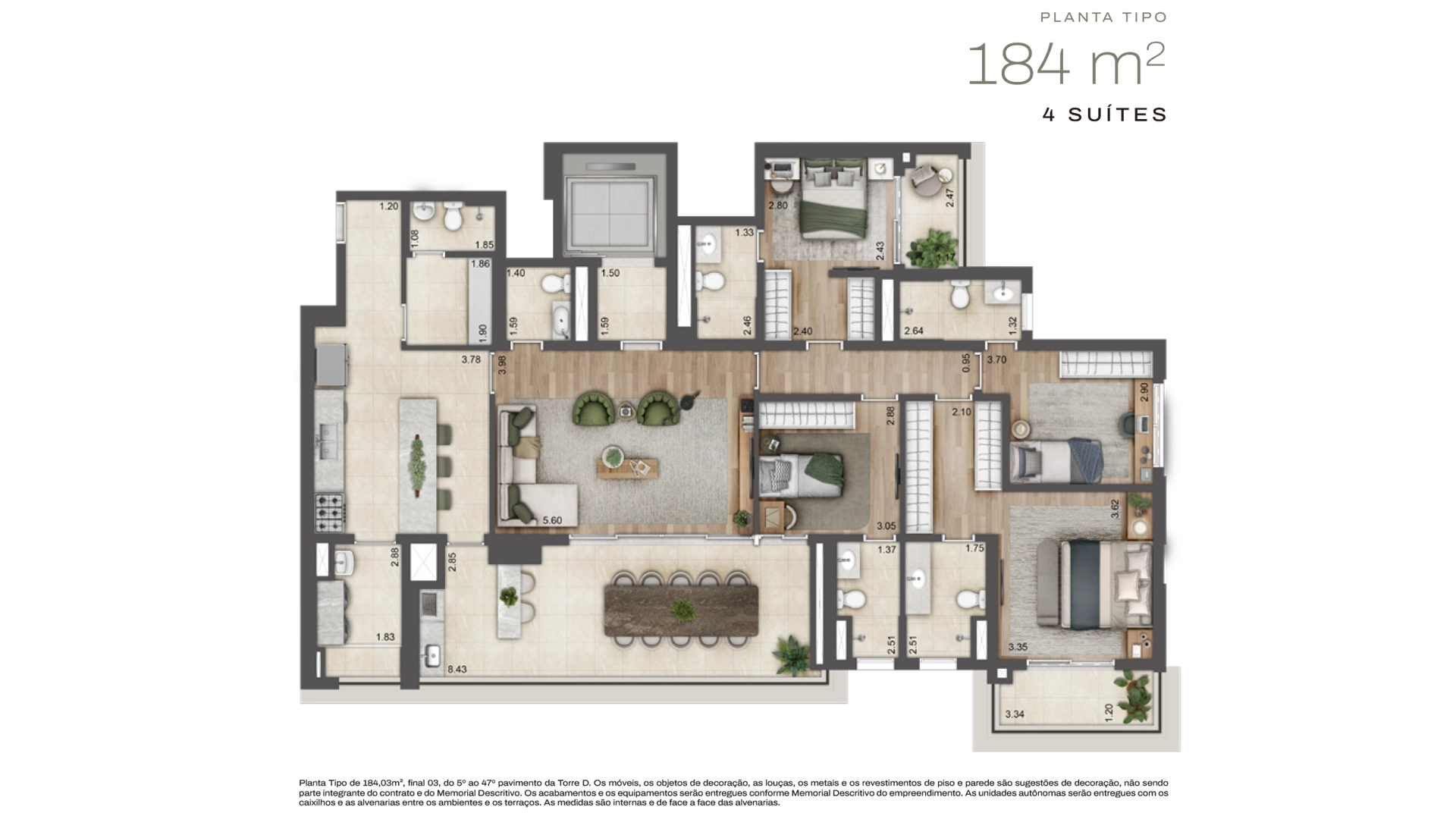 Planta 4 suítes · 184 m²