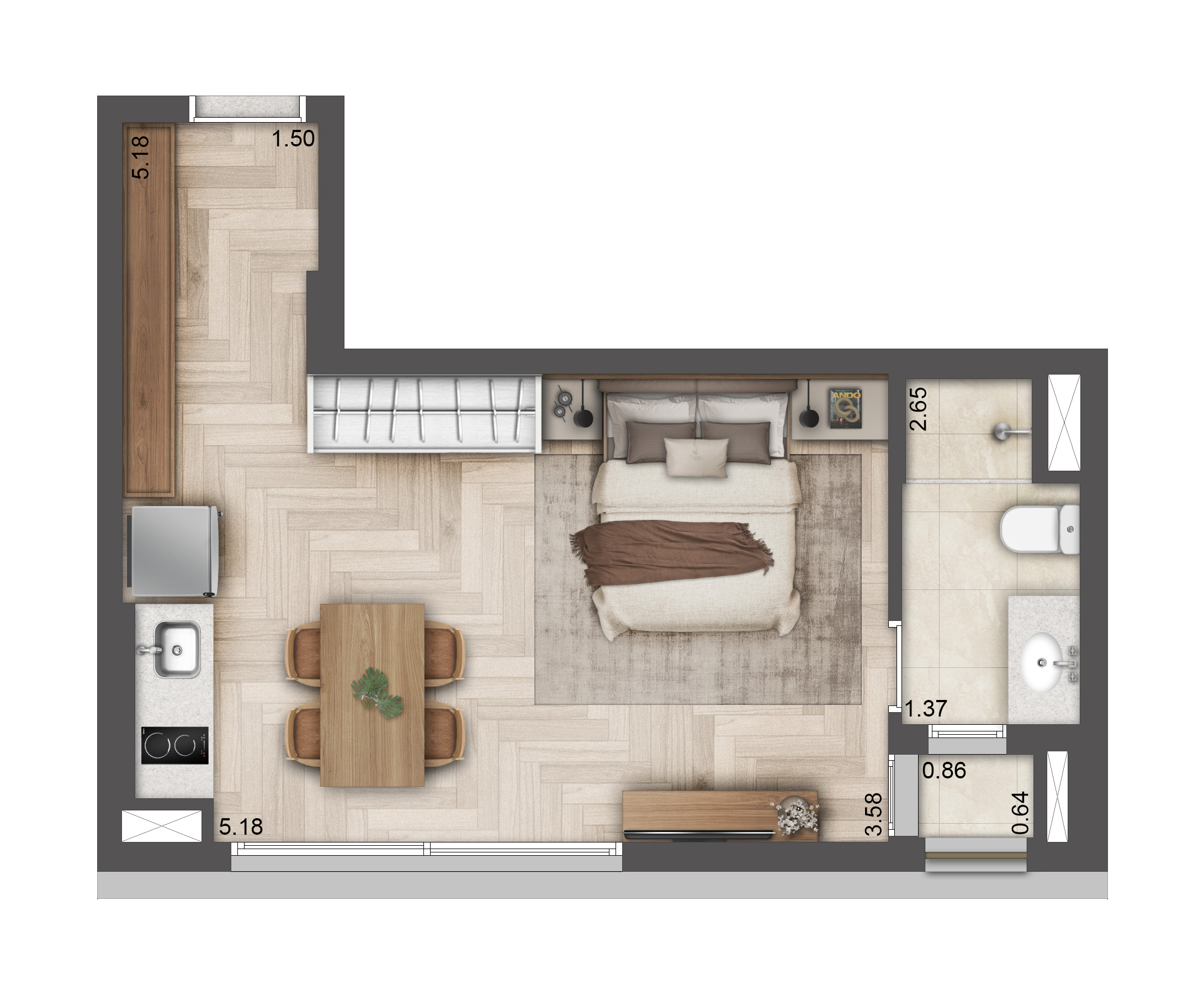 Planta Studio · 33 m²