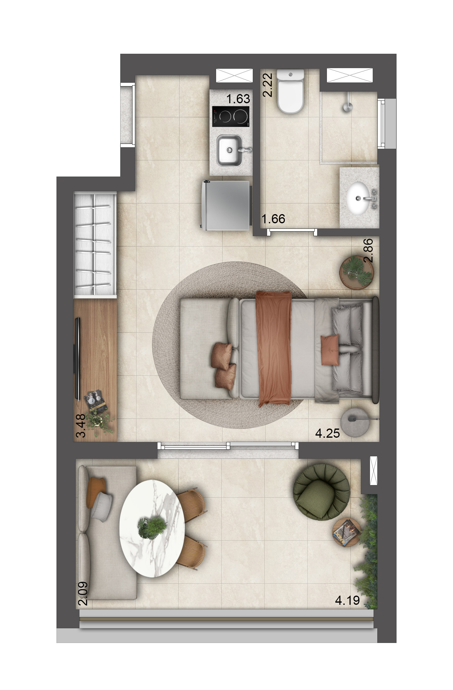 Planta Studio · 34 m²