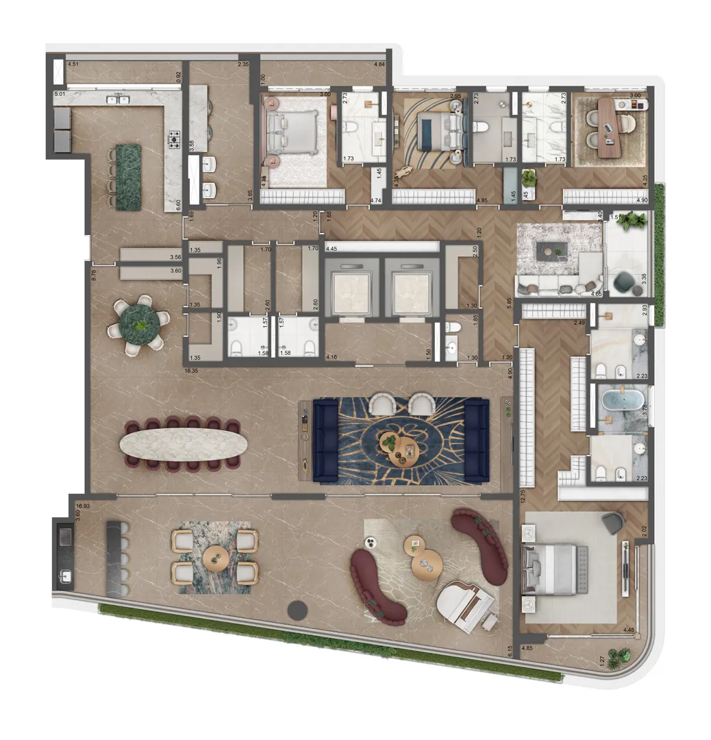 Planta 4 suítes · 493 m²