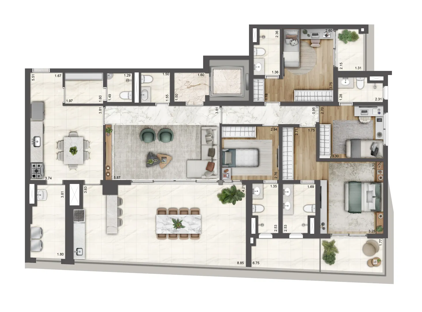 Planta 4 suítes · 199 m²