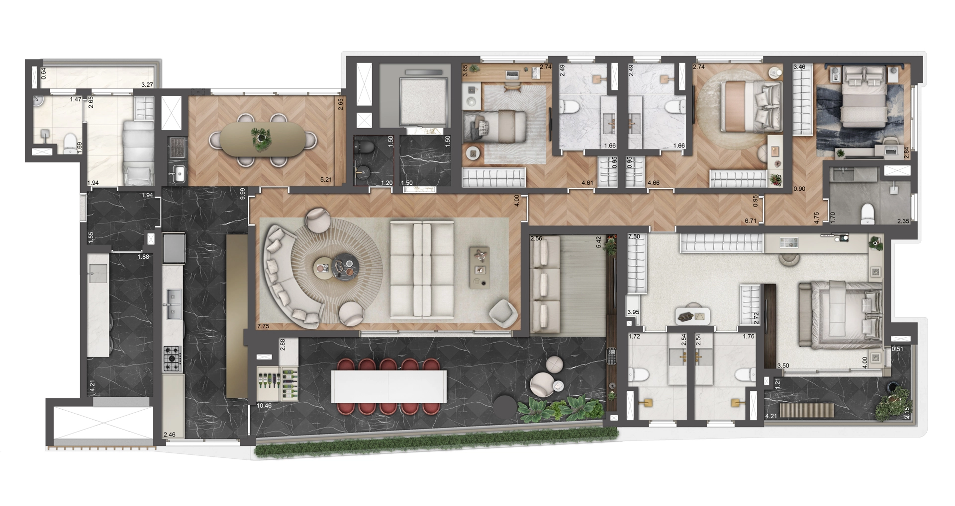 Planta 4 suítes · 264 m²