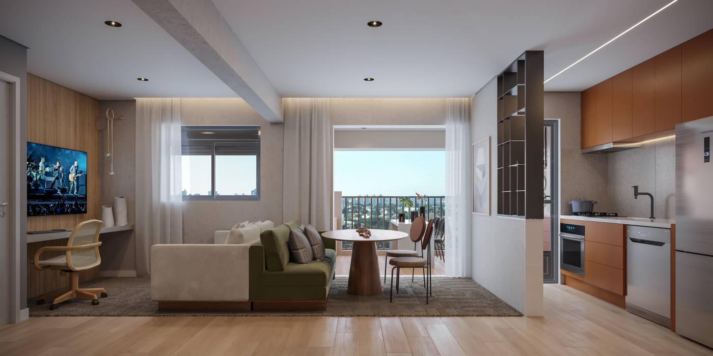 Living ampliado do apartamento de 59 m² do Zeit Brooklin