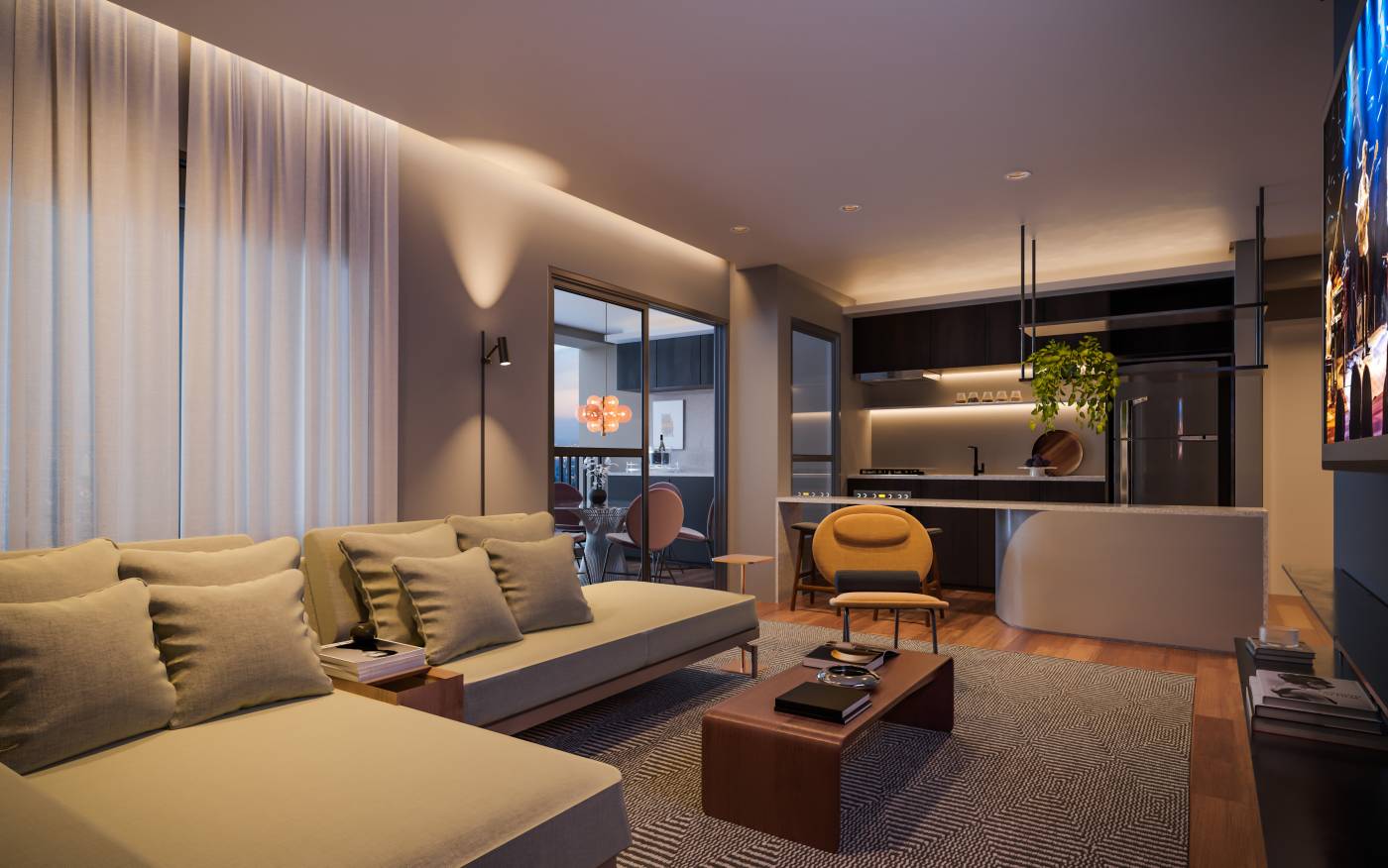 Living ampliado do apartamento de 86 m² do Zeit Brooklin