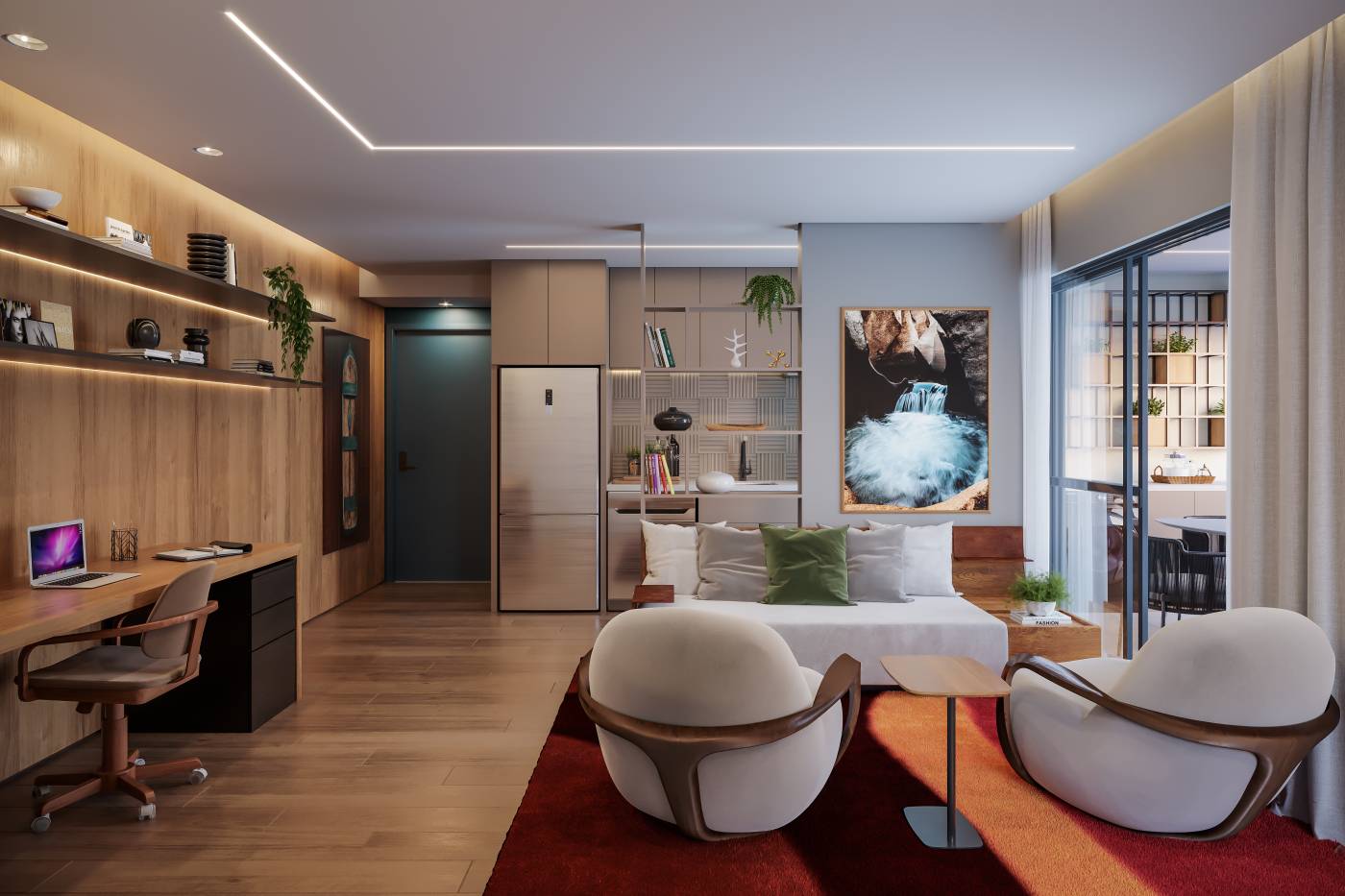 Living ampliado do apartamento de 72 m² do Zeit Brooklin