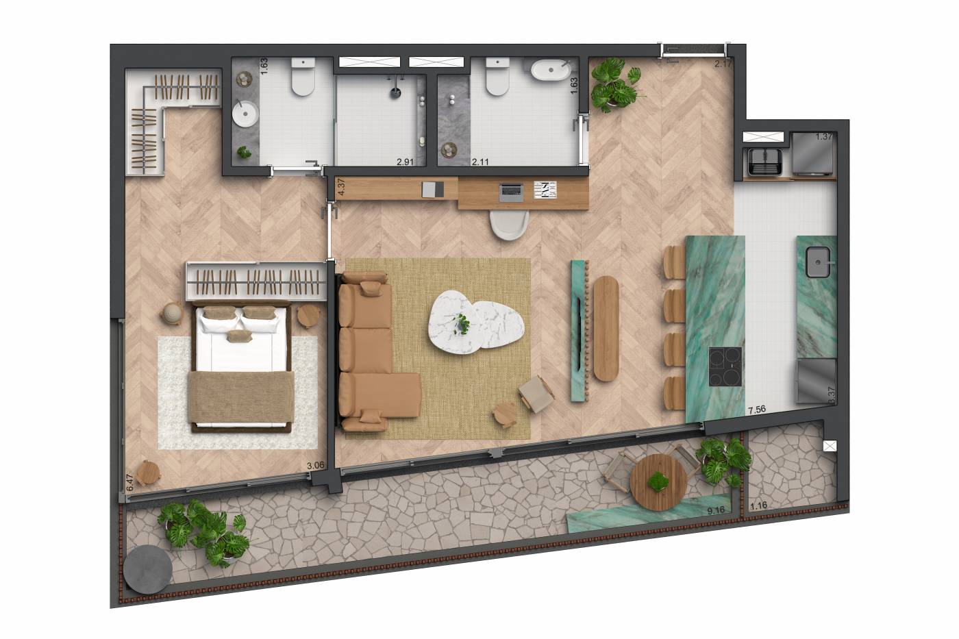 Planta 1 suíte · 89 m²
