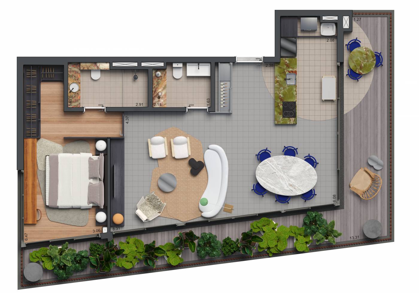 Planta 1 suíte · 122 m²