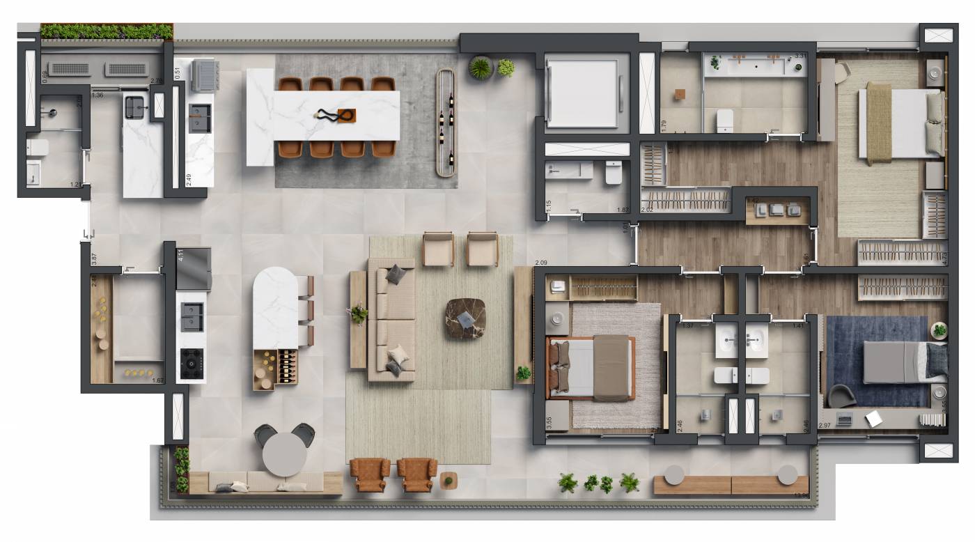 Planta Giardino · 3 suítes · 205 m²