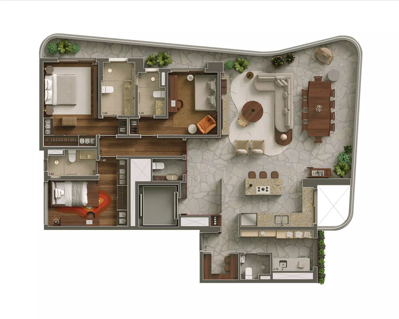 Planta 3 suítes · 183 m²