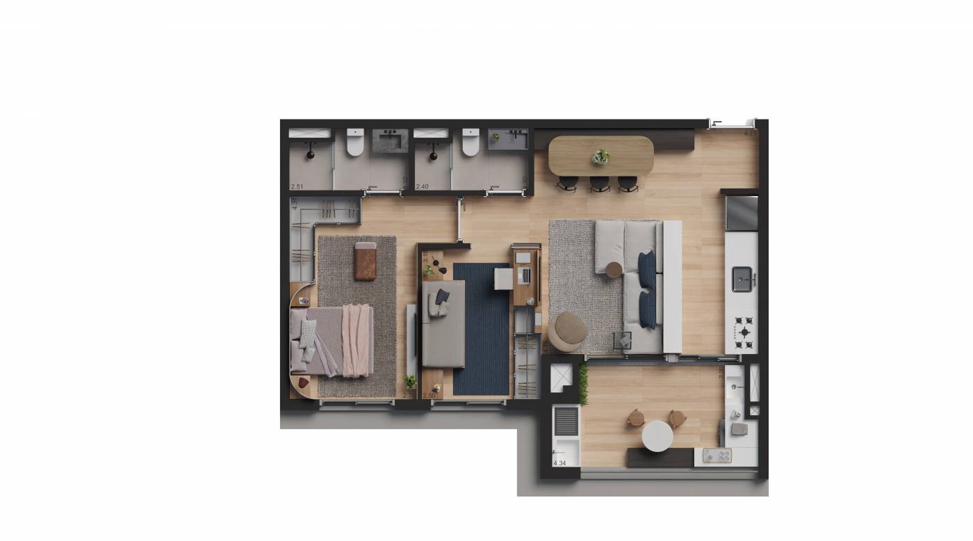 Planta 2 dorms · 1 suíte · 72 m²