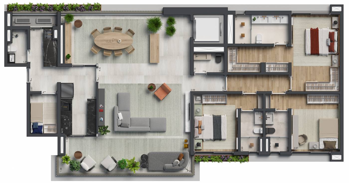Planta 3 suítes · 198 m²