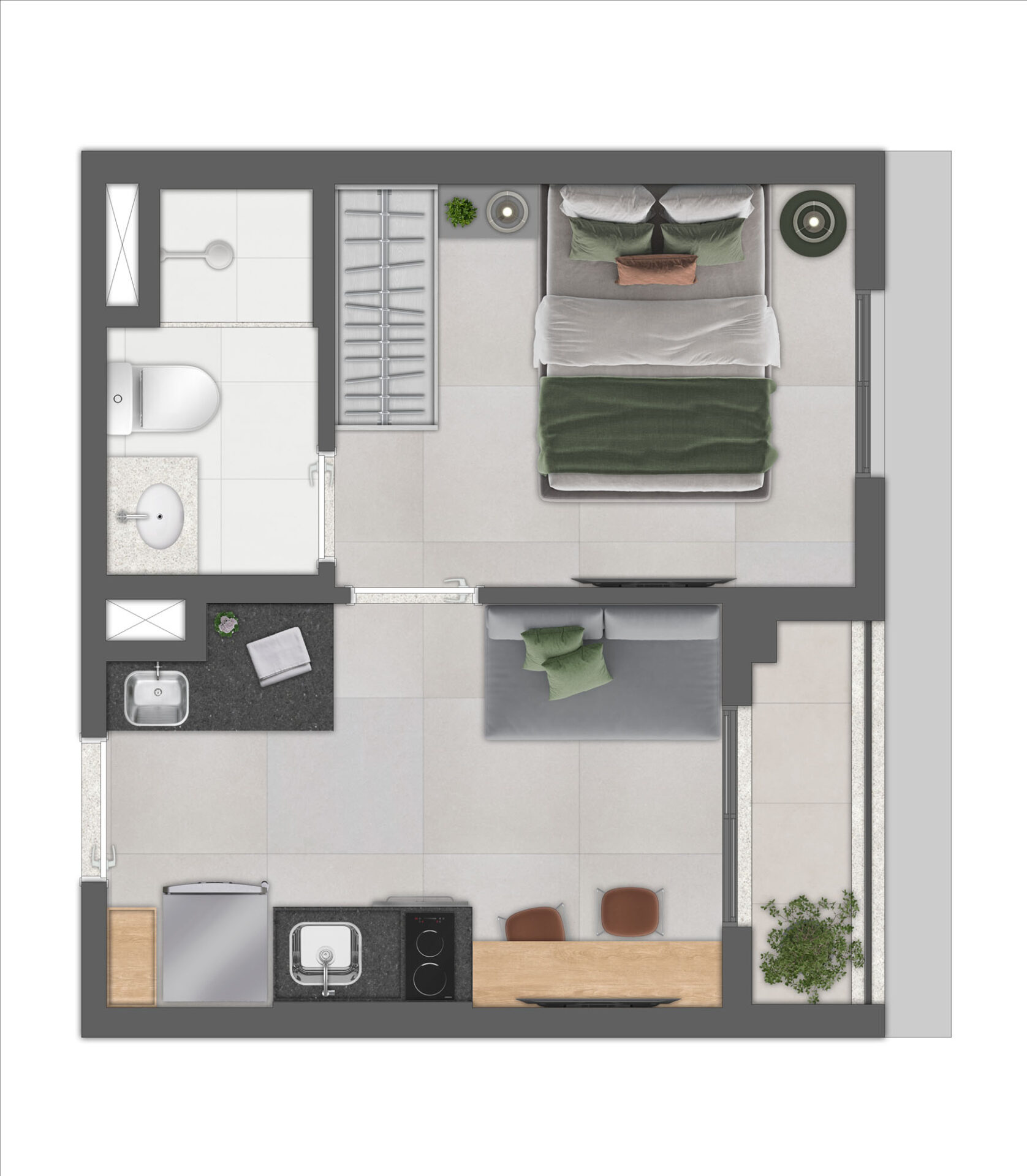 Planta 1 dorm + terraço · 24 m²