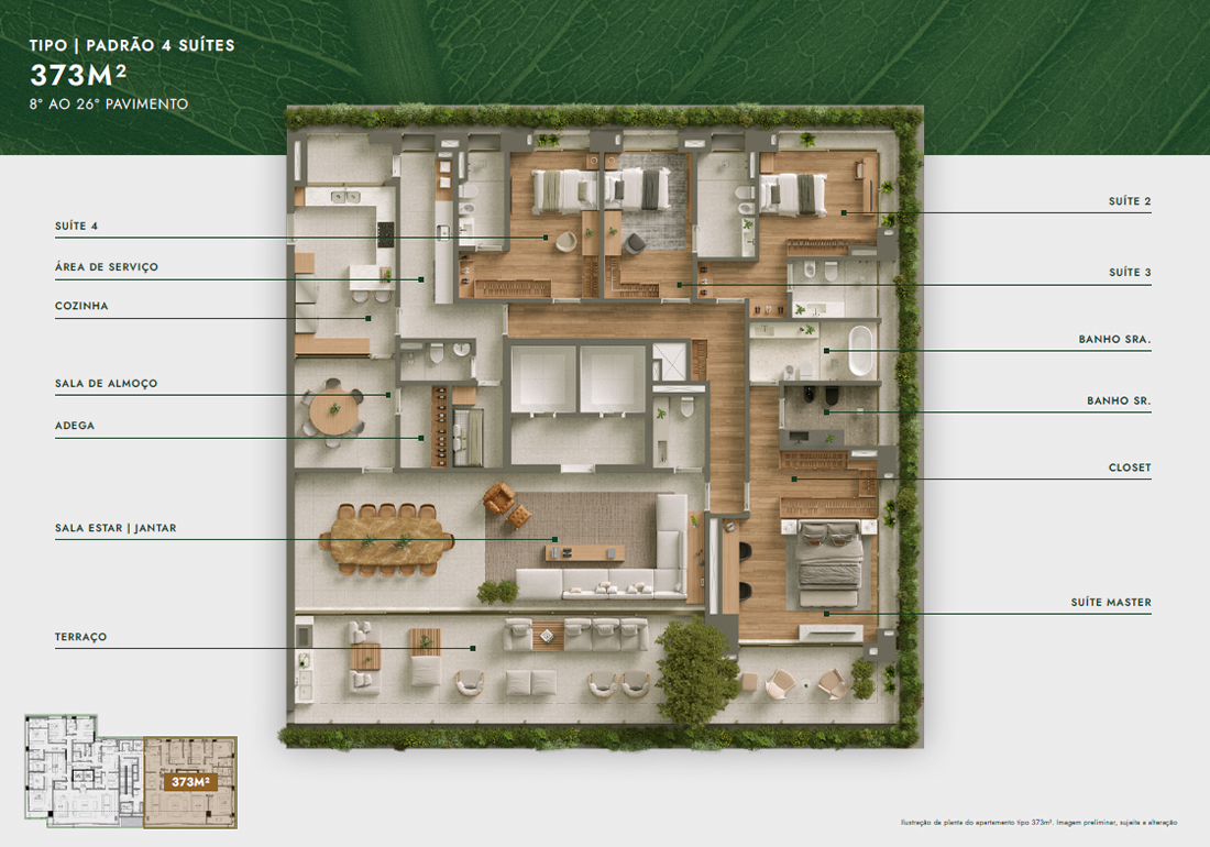 Planta 4 suítes · 373 m²