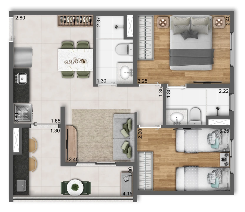 Planta 2 dorms · 1 suíte · 50 m²