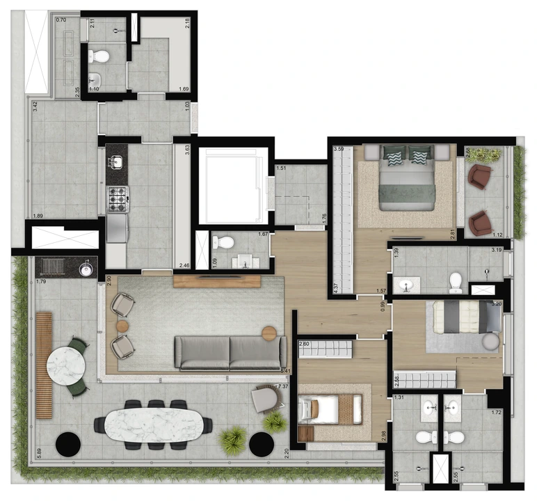 Planta 3 suítes · 147 m²