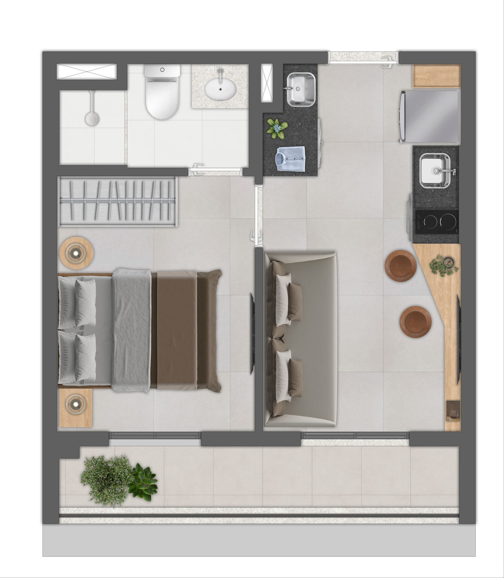 Planta 1 dorm + terraço · 29 m²