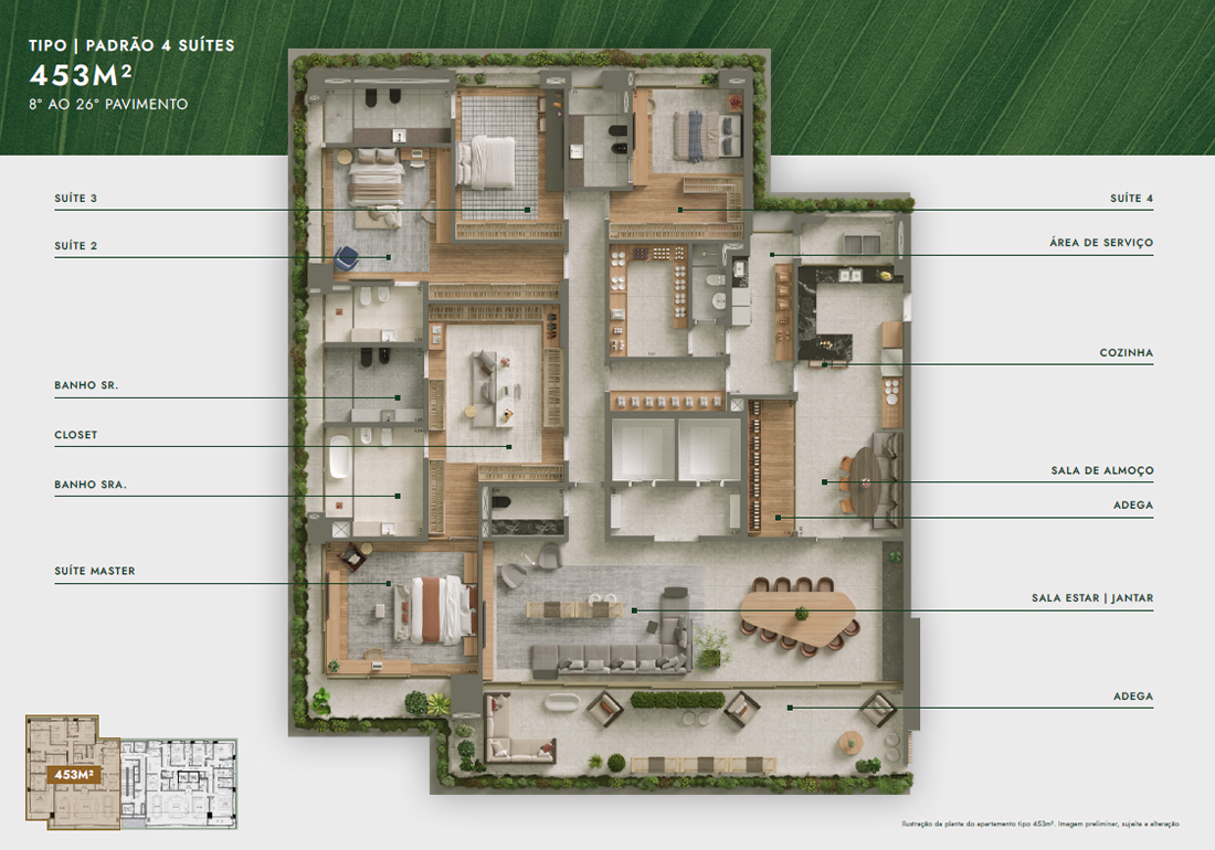 Planta 4 suítes · 453 m²