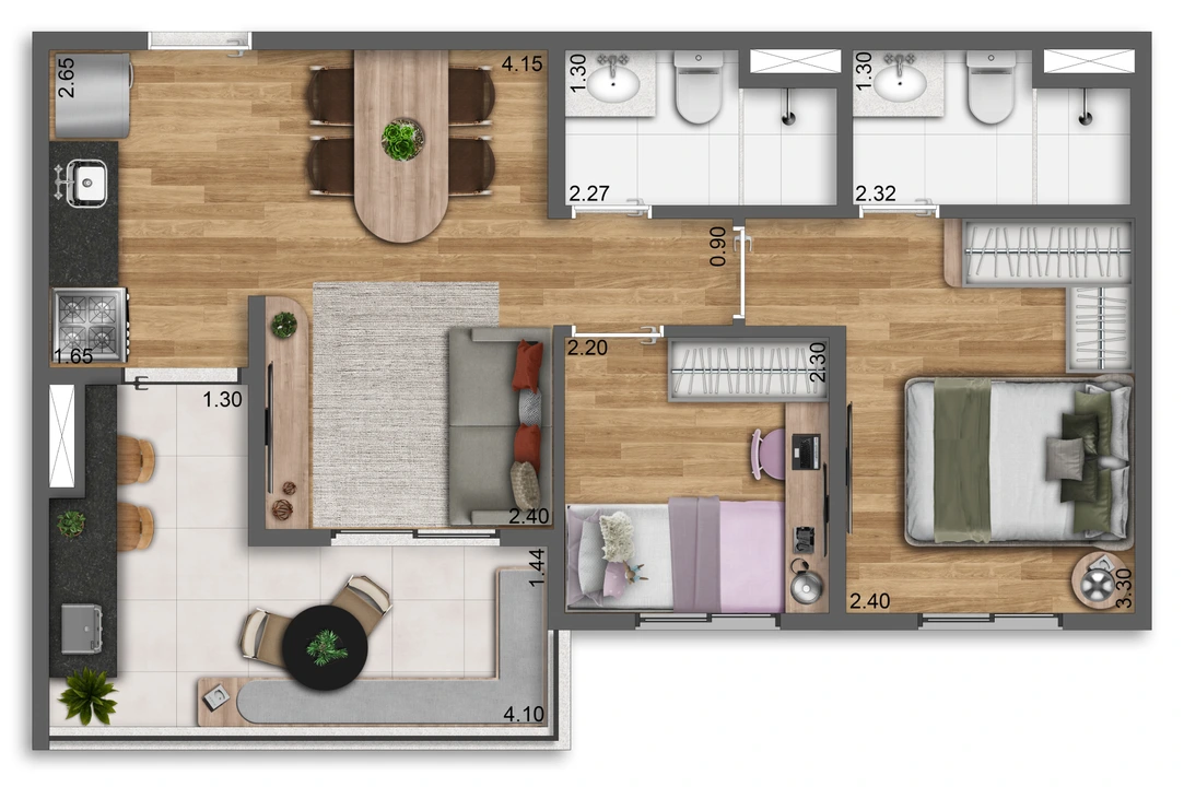 Planta 2 dorms · 1 suíte · 50 m² (planta 2)