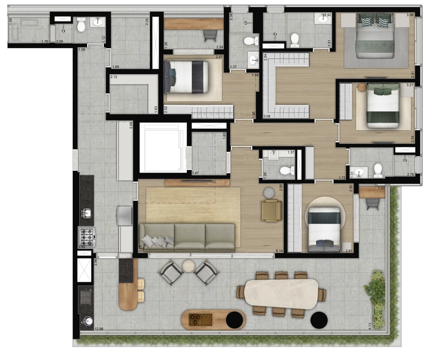 Planta 4 dorms · 2 suítes · 194 m²