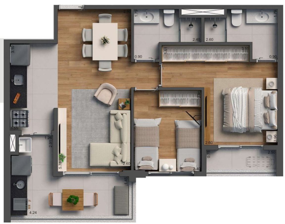 Planta 2 dorms · 1 suíte · 63 m²