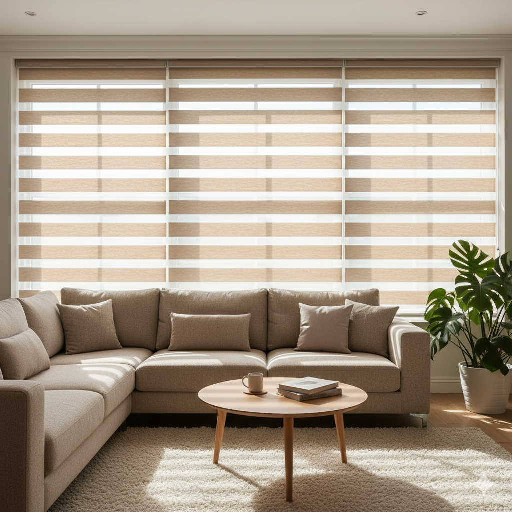 Luxury bedroom suite with layered window treatments