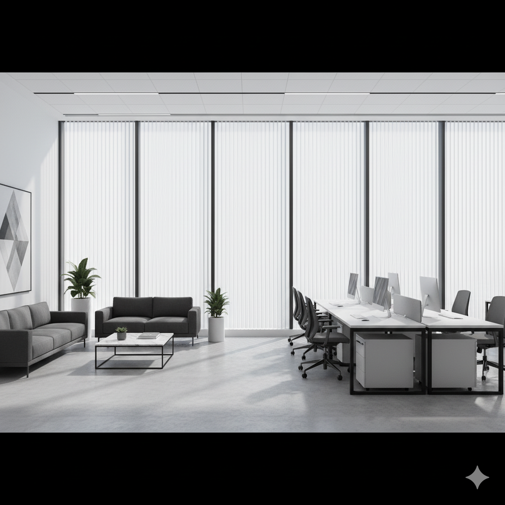 Modern white Vertical blinds in minimalist living room