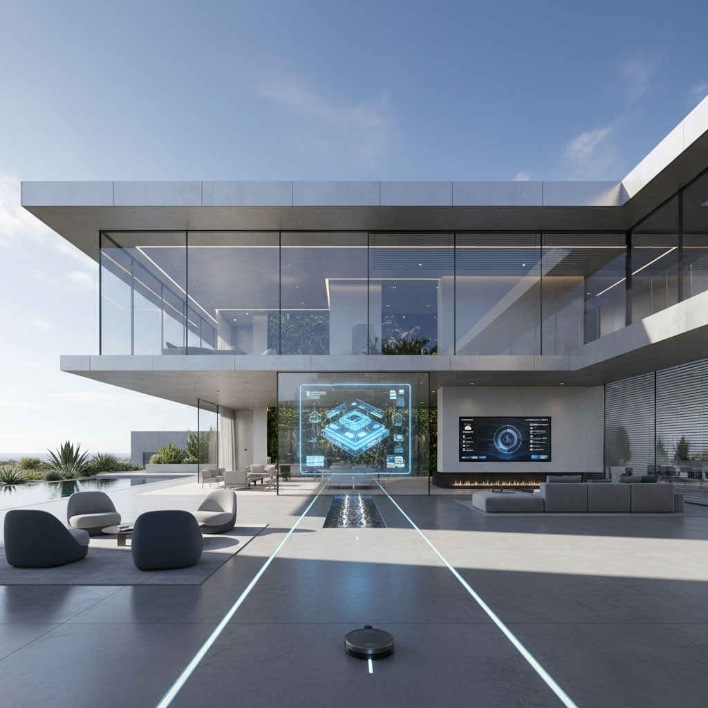 Modern smart home with motorized blinds and home automation