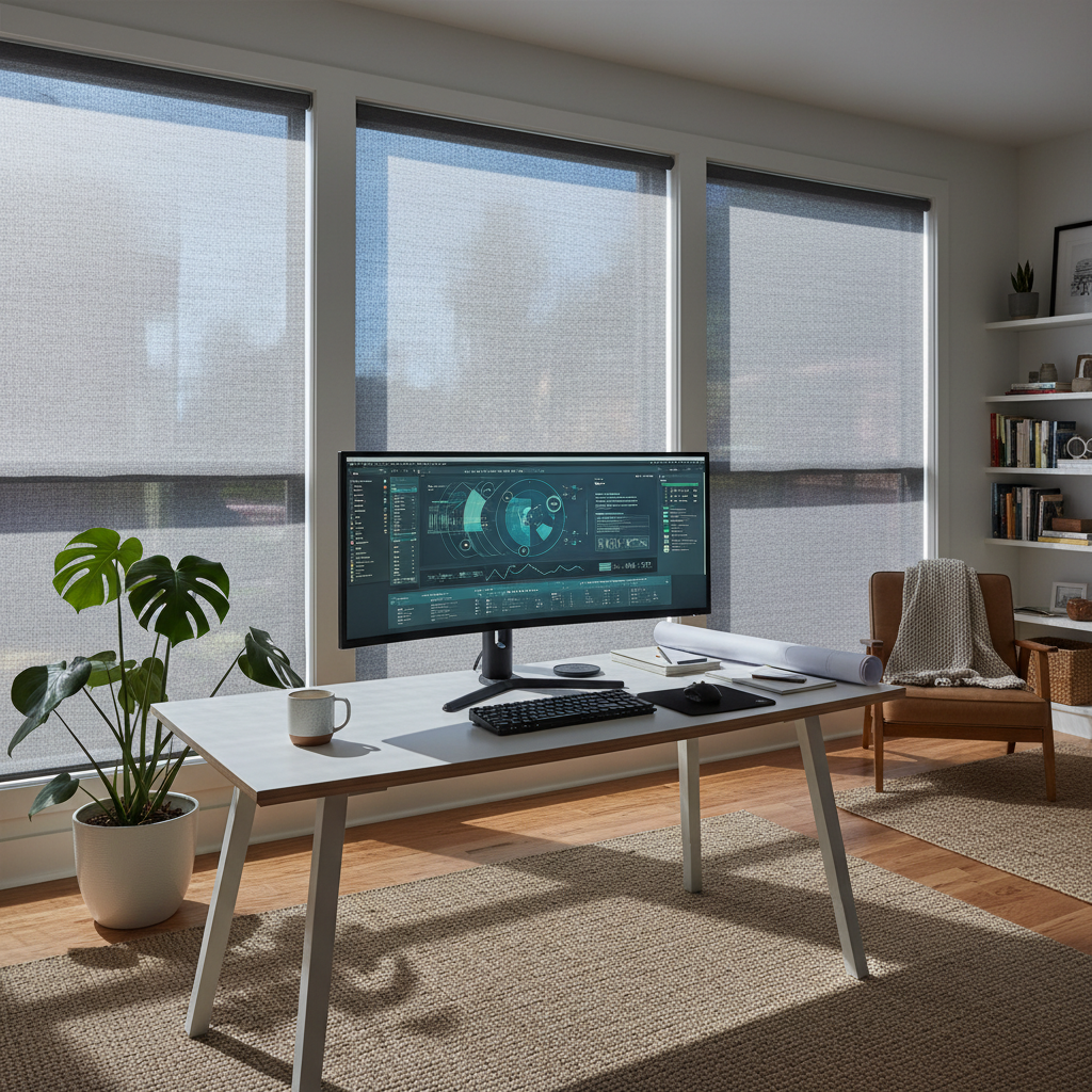 Home office with solar screen blinds reducing glare on computer