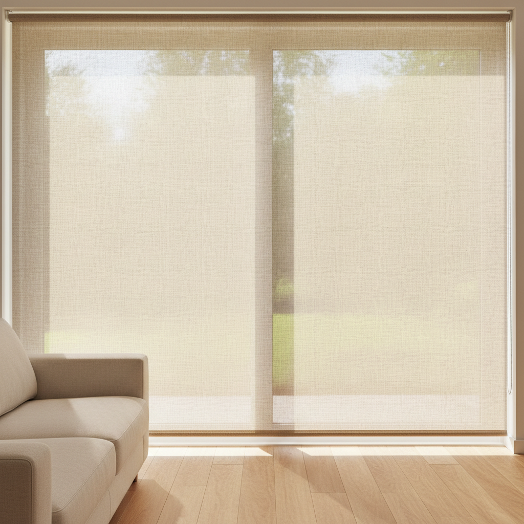 Living room with sunscreen roller blinds filtering natural light