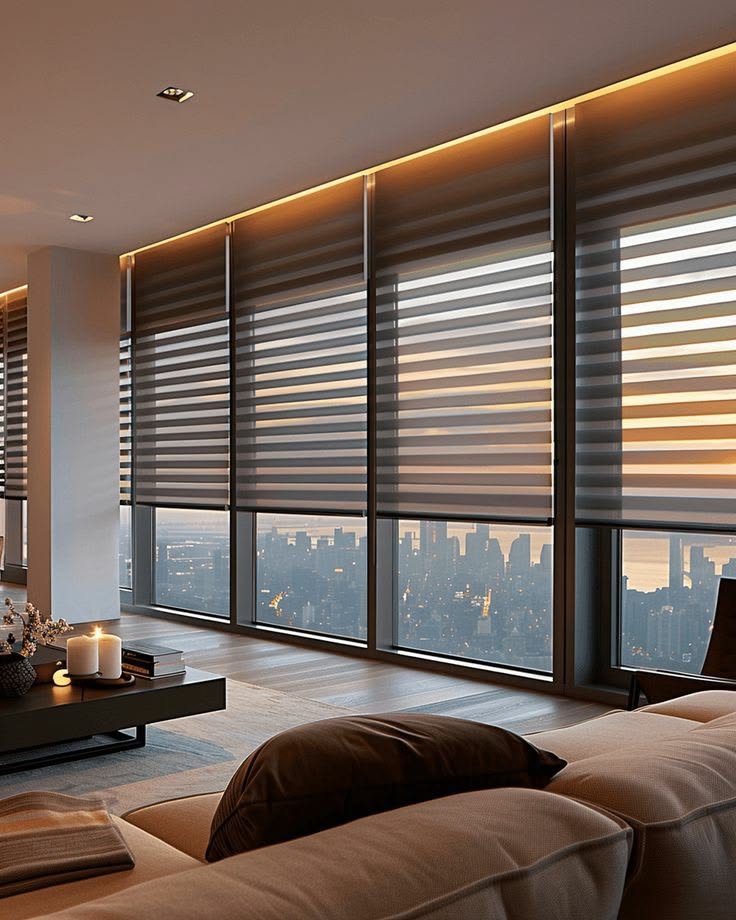 Serene interior with soft fabric blinds and clean architecture
