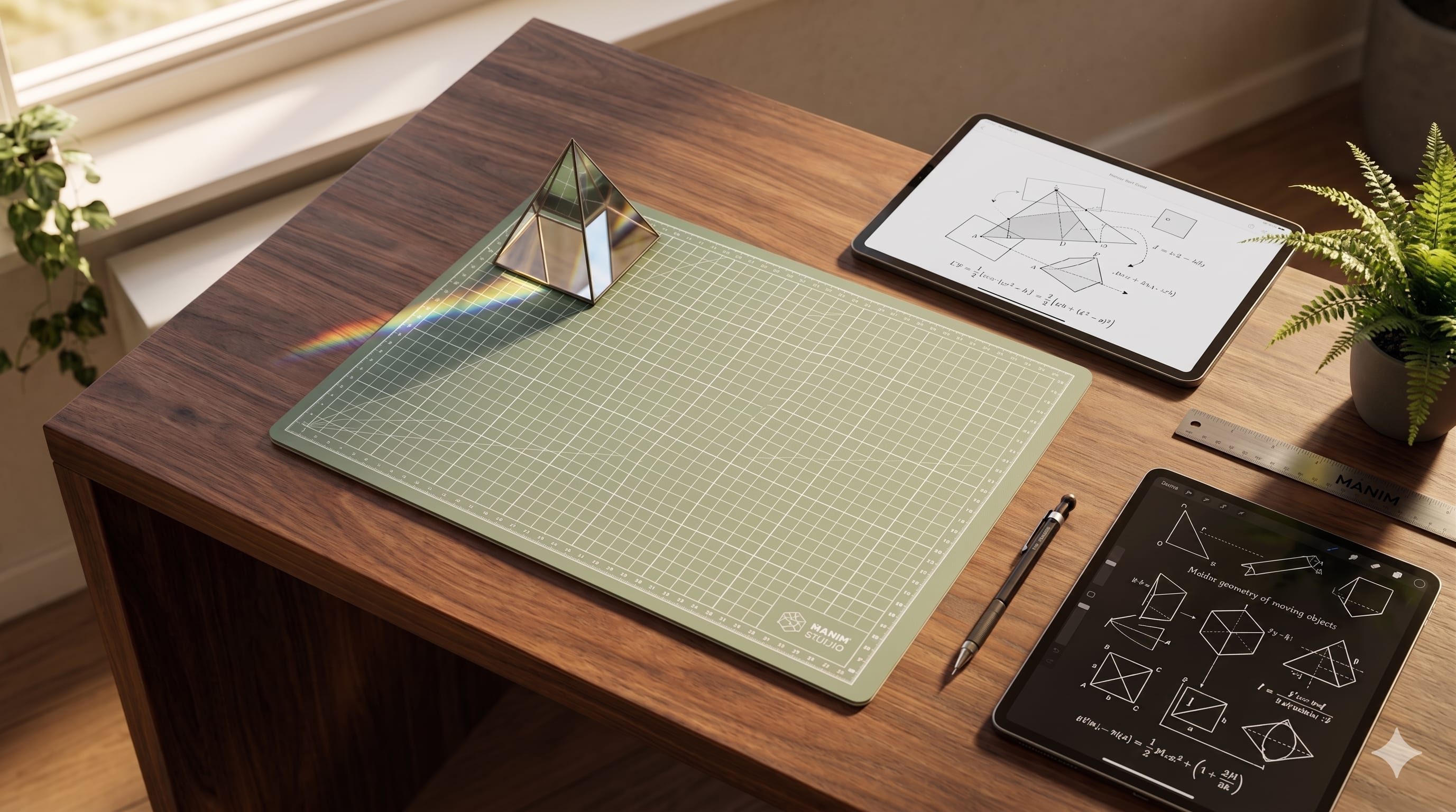 High-fidelity dark walnut architect's desk with prismatic light side profile