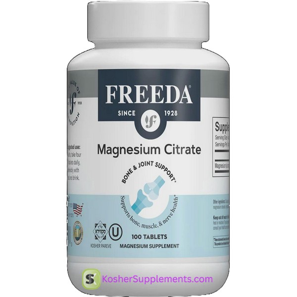 Freeda Kosher Magnesium Citrate tablets bottle – high absorption kosher vitamins and kosher supplements for muscle, bone, and nerve support.
