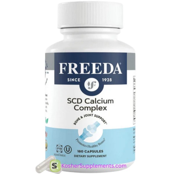 Freeda Kosher SCD Calcium Complex capsules – premium kosher calcium supplement for bone health and kosher nutrition support.