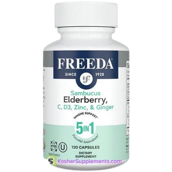 Freeda Kosher Sambucus Elderberry capsules with Vitamin C D3 Zinc Ginger immune support kosher vitamins supplement bottle