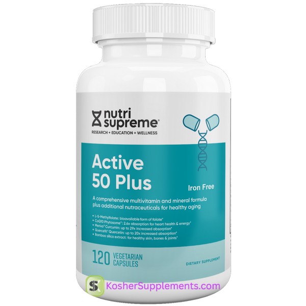 Nutri Supreme Active 50 PLUS Iron Free kosher multivitamin bottle for adults over 50