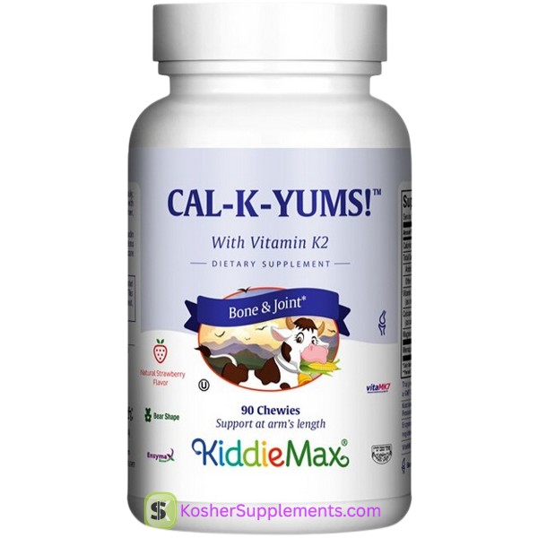 Maxi Health Kosher Cal K Yums chewable tablet with fun animal shapes and Vitamin K2 for bone health and kosher wellness.